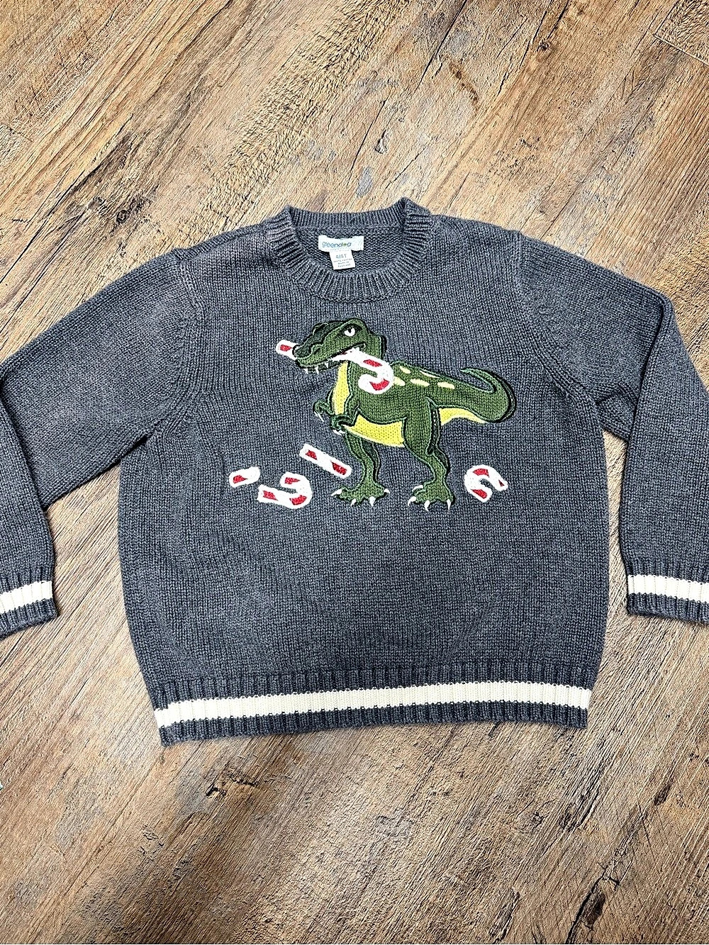 Greendog Kids y2k Dinosaur Christmas Crewneck knit Sweater Gray Size 4/4T